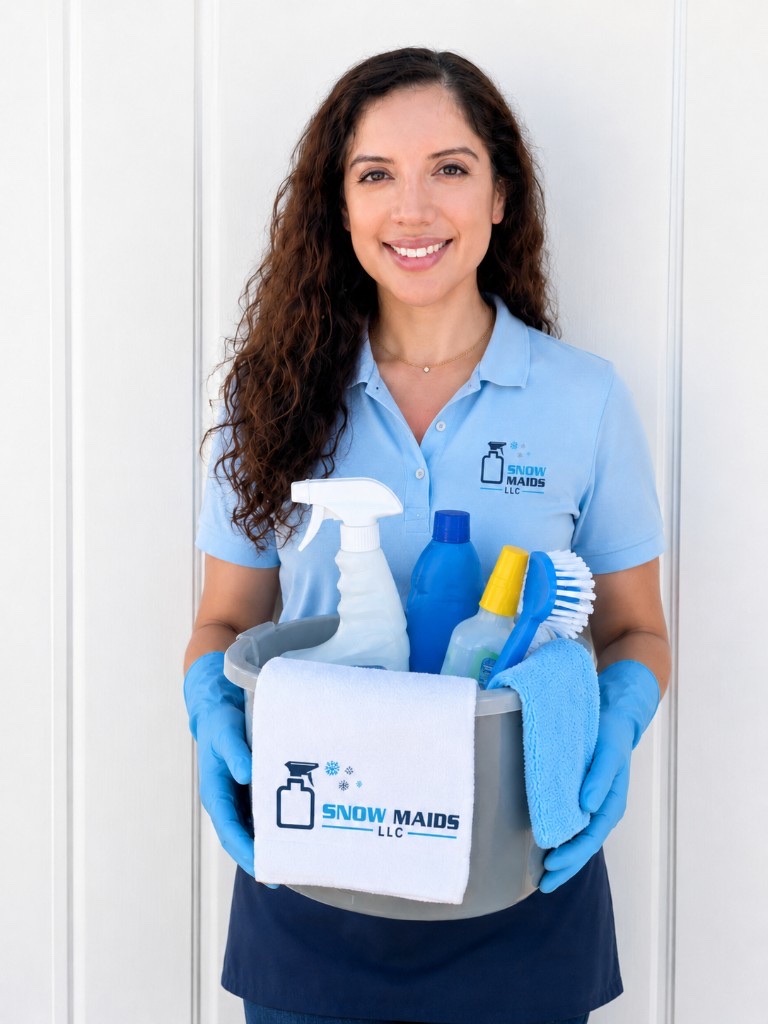 Rebeckah, founder of Snow Maids LLC, smiling in a Snow Maids polo and holding a caddy of cleaning supplies